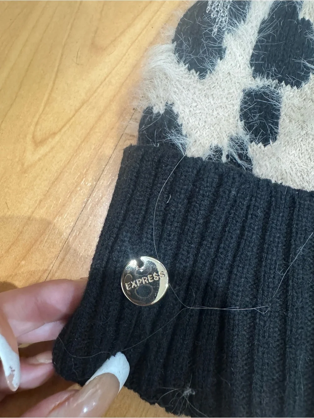 Express Leopard Print Pom Beanie - Black & Cream